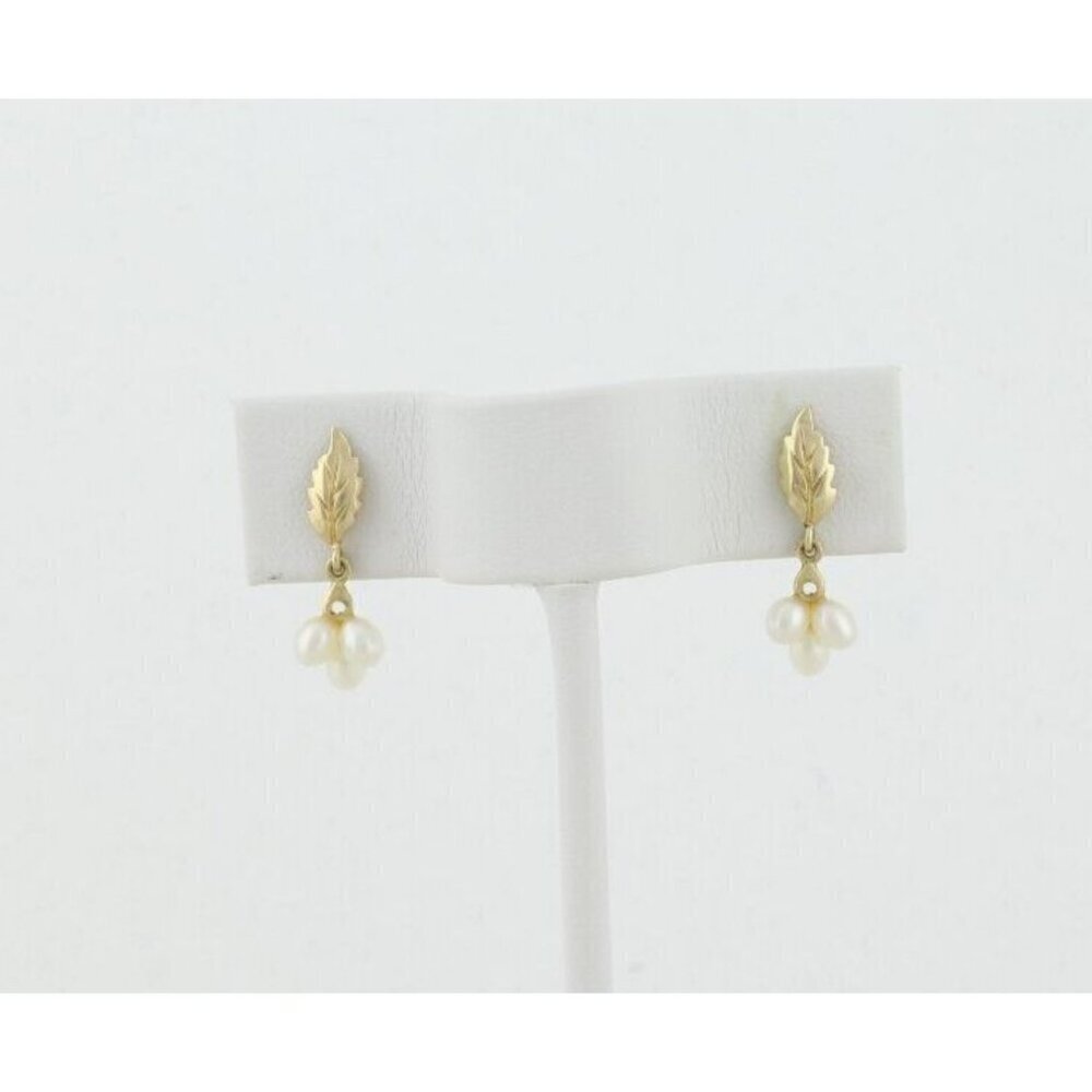 14k Yellow Gold Natural Pearl & Leaf Earrings Dangle Drop